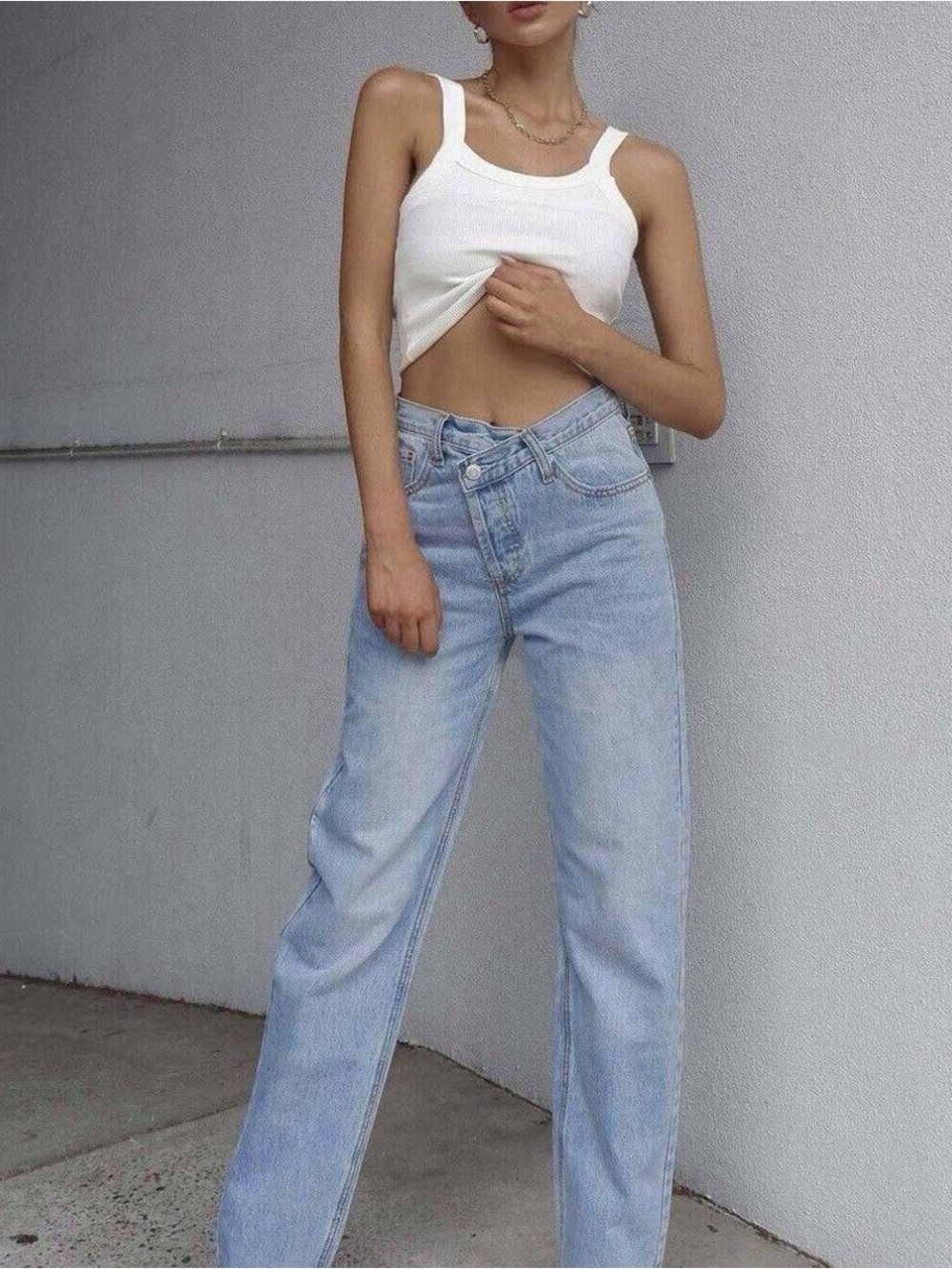 Princess Polly Light Blue Crossover Waist Straight Leg Jeans